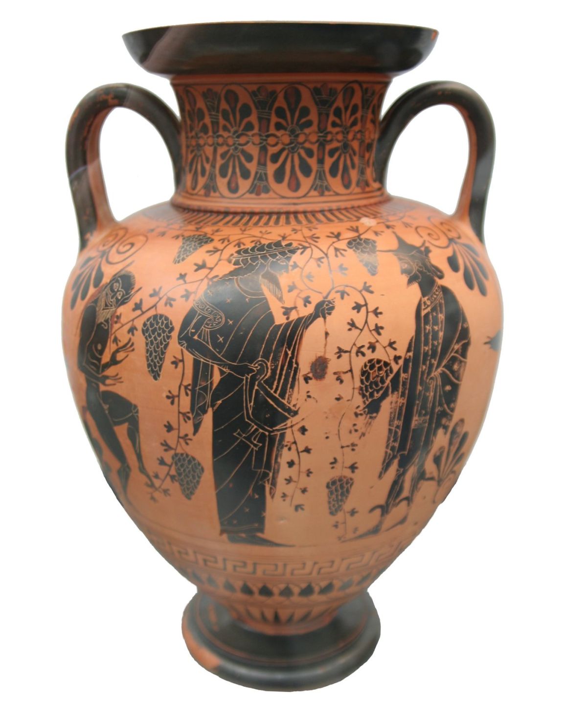 Grecka waza z Attyki, 550-520 rok p.n.e. Dionizos rozmawia z Hermesem w otoczeniu winorośli. Obok przedstawiony jest Sylen. Fot. MatthiasKabel, CC BY-SA 3.0