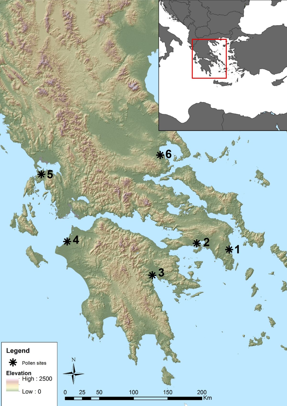Mapa stanowisk w południowej Grecji, z których pobrano próbki pyłków