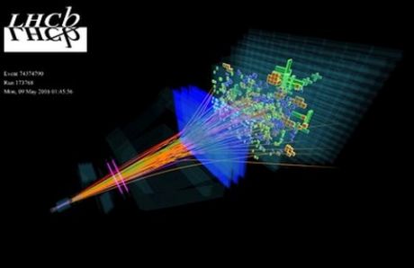 Inflaton, hipotetyczna cząstka spoza Modelu Standardowego, był poszukiwany w rozpadach cząstek w Wielkim Zderzaczu Hadronów w CERN. Ilustracja przedstawia typowy rozpad rejestrowany przez detektory eksperymentu LHCb. (Źródło LHCb Collabor